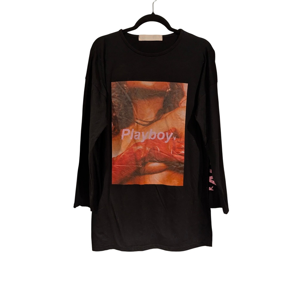 Playboy Missguided T-Shirt Dress L Black Long Sleeve Graphic Print Streetwear